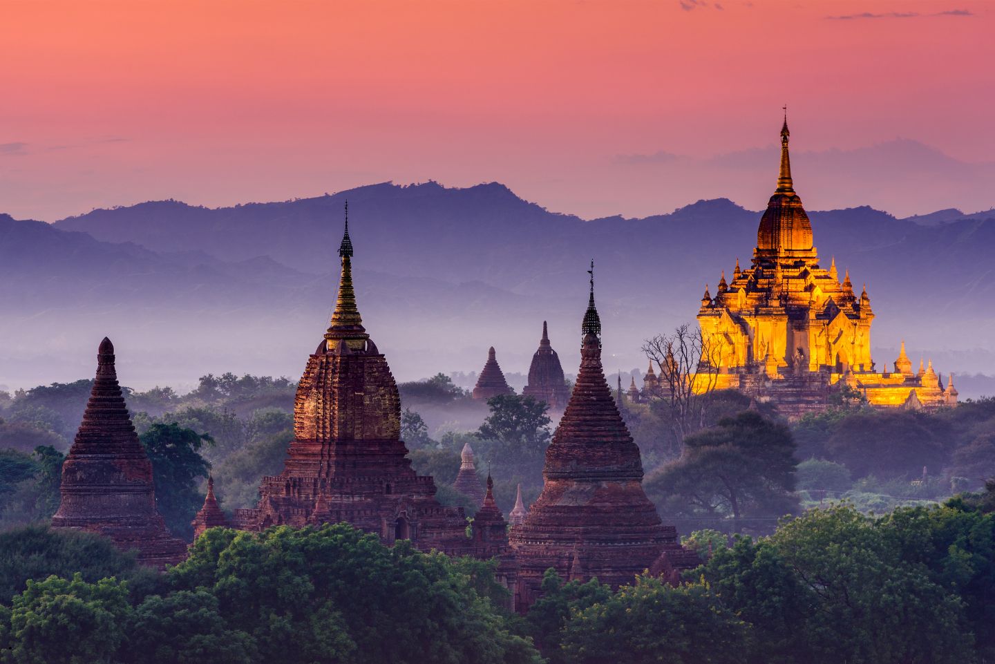 “Sunrise over ancient temples in Bagan, Myanmar”